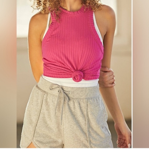 Free People Passion Fruit Pink Blissed Out Tank Ribbed High Neck Top Barbie S - Picture 1 of 6